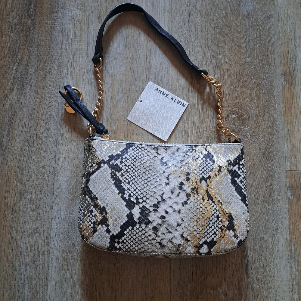 Anne Klein Python Metallic Faux Leather Link Chain Mini Snake Print Bag Purse